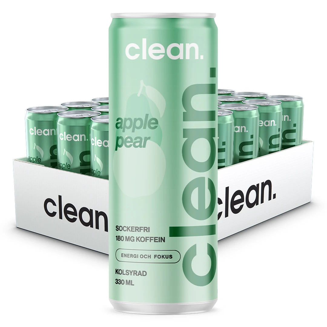 24 x Clean Drink 330 ml Päron/Äpple i ett vitt flak med ljusgröna burkar som har mörkgrön text och äpple/päron-motiv., bild 1 av 1
