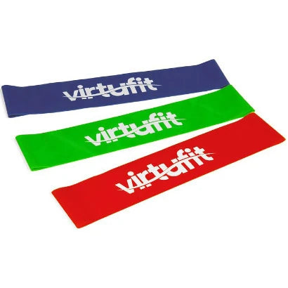 Virtufit Mini Bands 3-pack med träningsband i röd, grön och blå färg med vita logotyper., bild 1 av 1