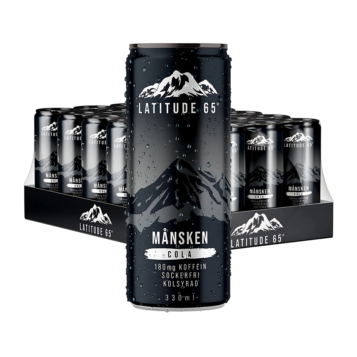 24 x Latitude 65 330 ml Månsken - Cola i ett 24-pack med svarta burkar med colasmak.