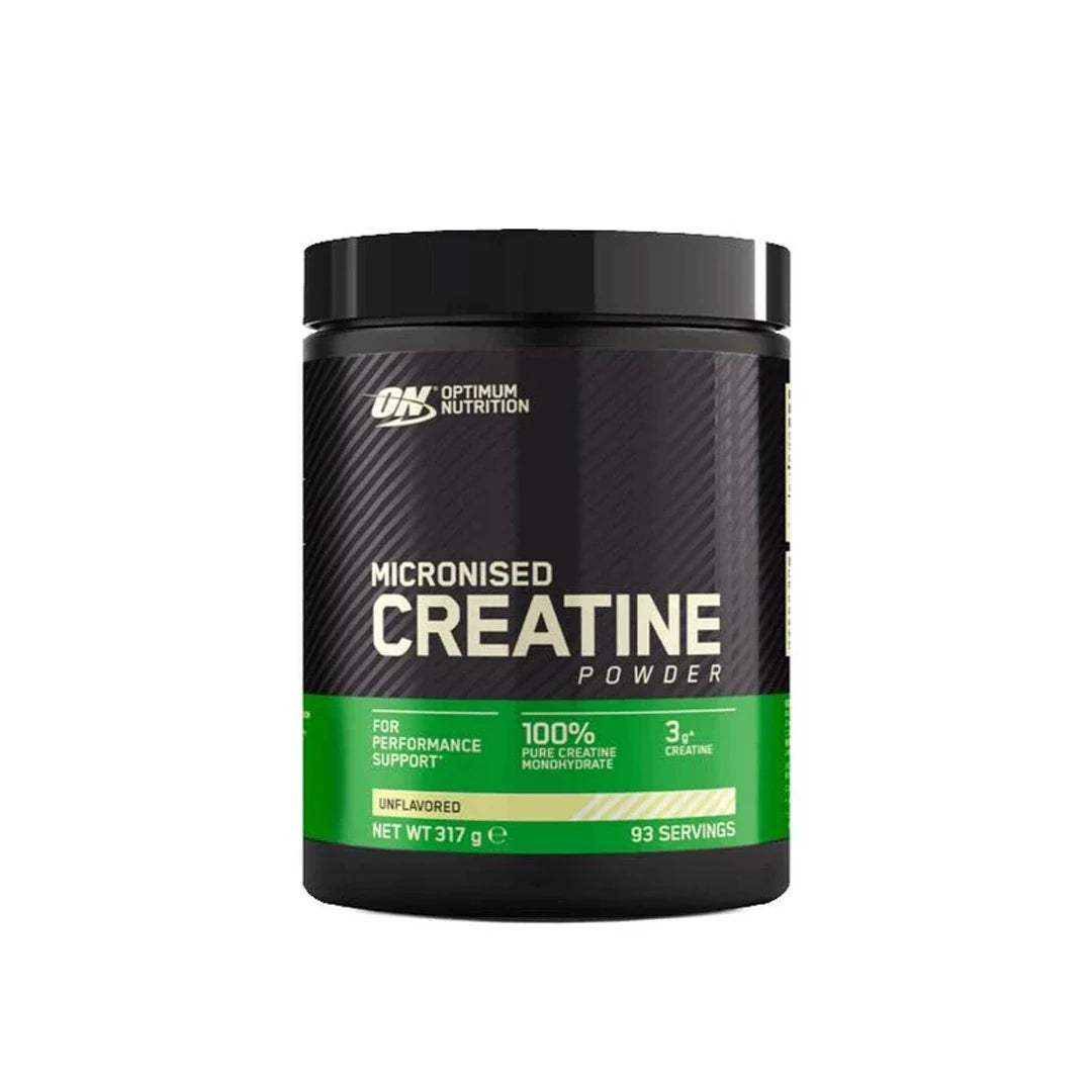 Optimum Nutrition Creatine Powder 317 g i en svart burk med grön etikett och texten Micronised Creatine., bild 1 av 1