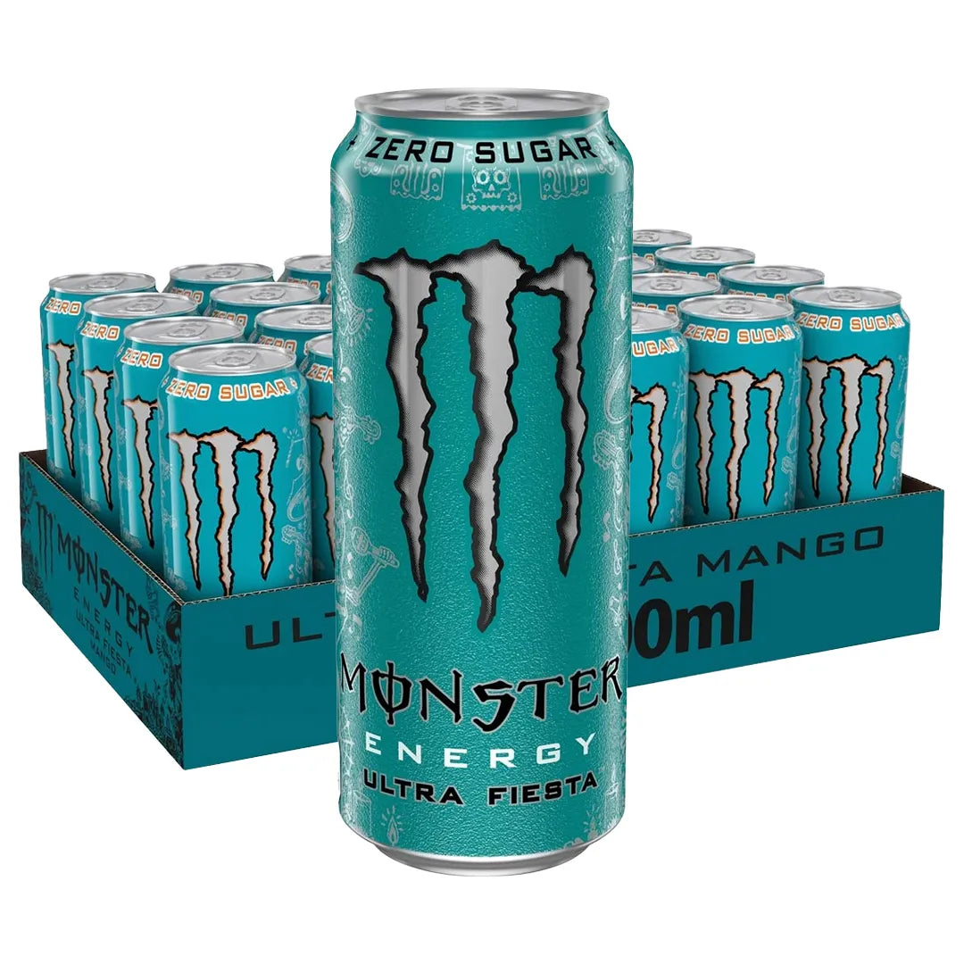24 x Monster Energy 500 ml Ultra Fiesta (sockerfri) energidryck i ett turkost flak med turkosa burkar., bild 1 av 1