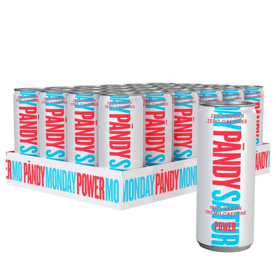 24 x Pändy Soda Energy Drink 330 ml Power i ett flak med vita burkar och röd samt blå text för smaken Power., bild 1 av 1