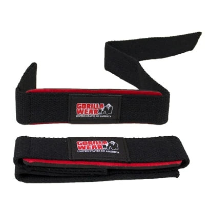 Gorilla Wear Padded Lifting Straps, svarta dragremmar i bomull och neopren med röd vaddering och logotyp.