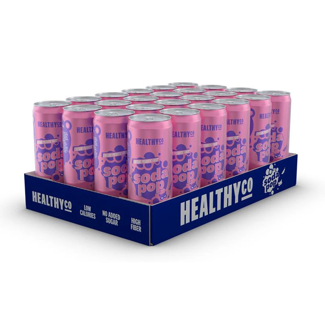 24 x HealthyCo Soda Pop 330 ml Mixflak med rosa burkar med lila detaljer i ett mörkblått flak., bild 1 av 1