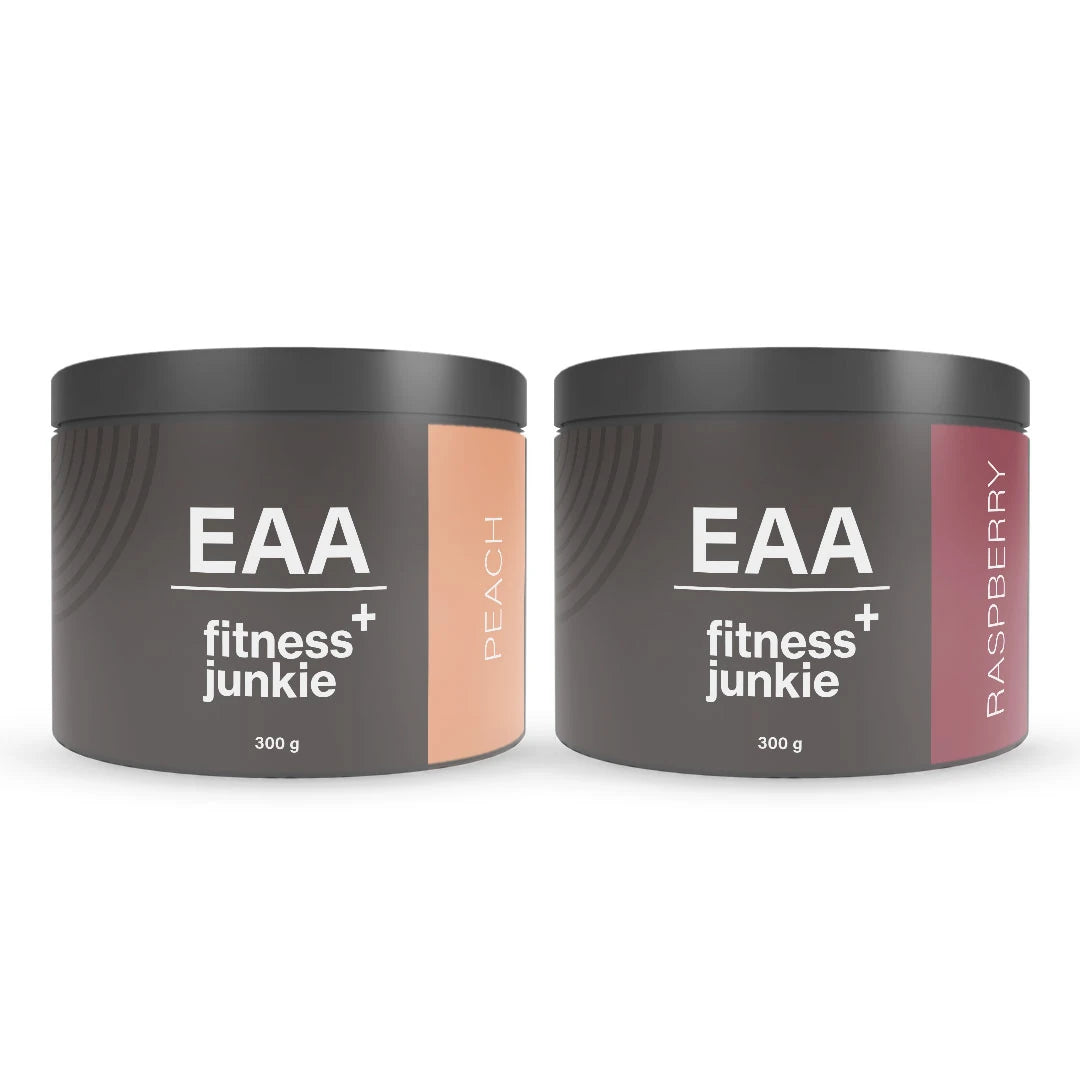 2 x fitnessjunkie EAA 300 g i två mörkgrå burkar med färgdetaljer för smakerna Peach och Raspberry., bild 1 av 1