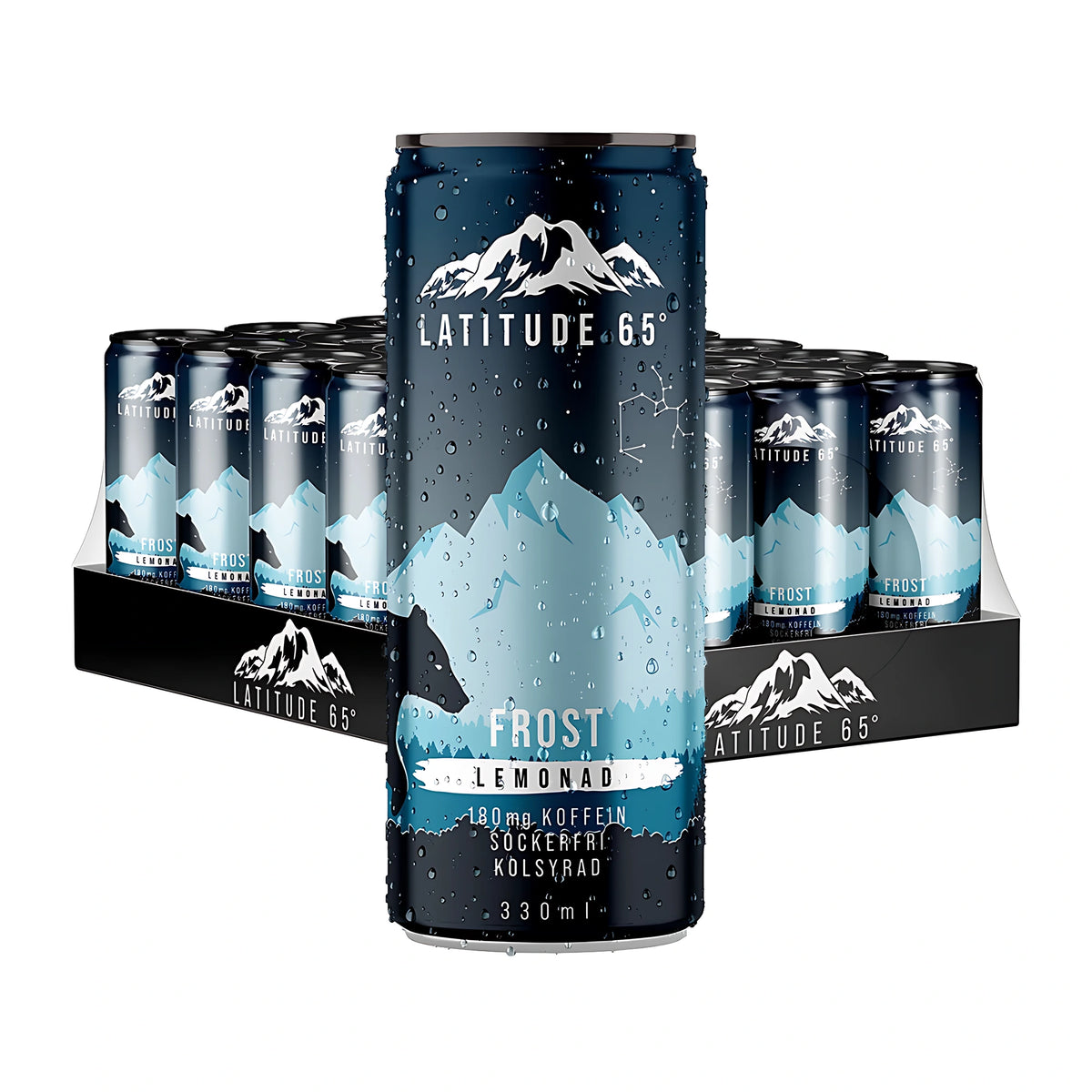 24 x Latitude 65 330 ml Frost - Lemonad i ett helt flak med en mörkblå burk med vattendroppar i förgrunden., bild 1 av 1