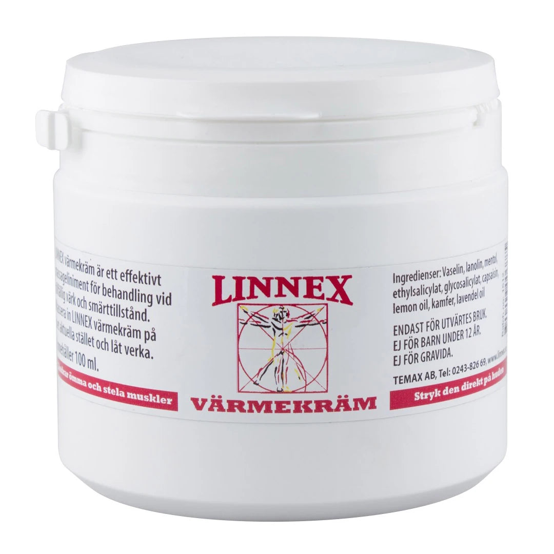 Linnex Värmekräm Liniment 500 ml i en vit burk med röd logotyp och text för lindring av muskelbesvär., bild 1 av 1