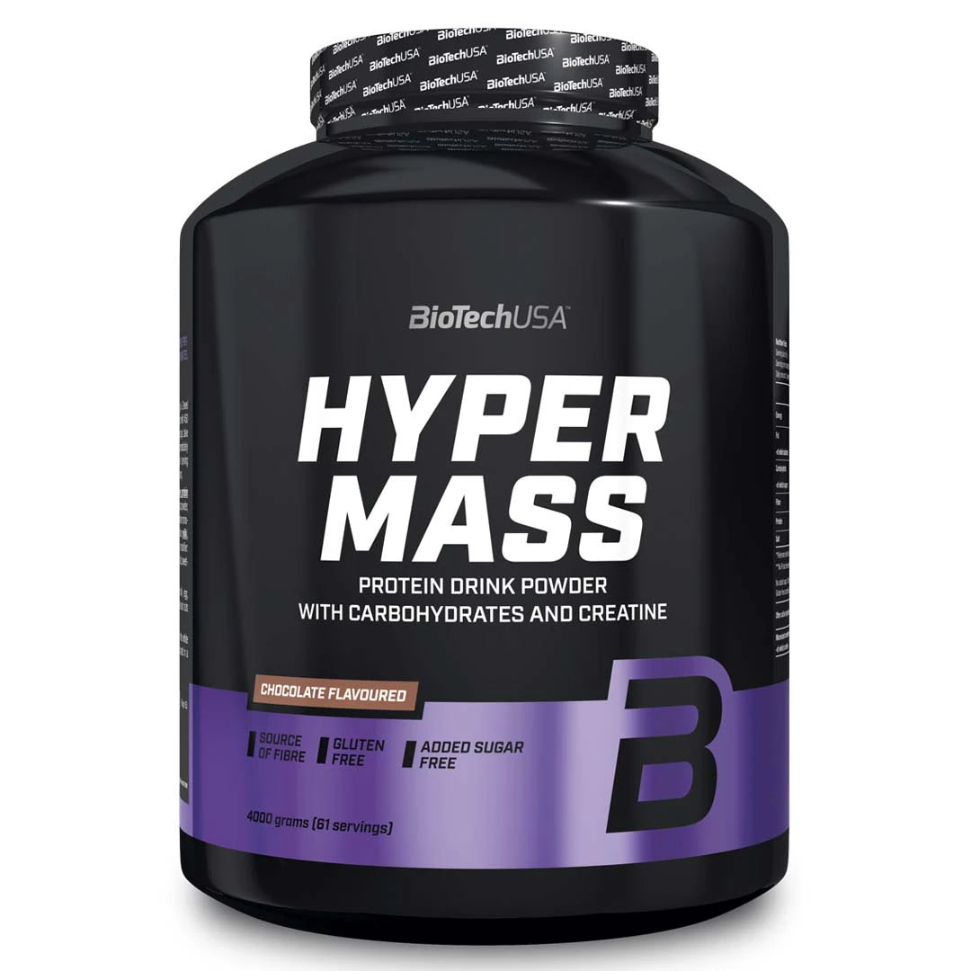 BioTechUSA Hyper Mass 4 kg gainer i en svart burk med lila detaljer för smaken Chocolate., bild 1 av 1