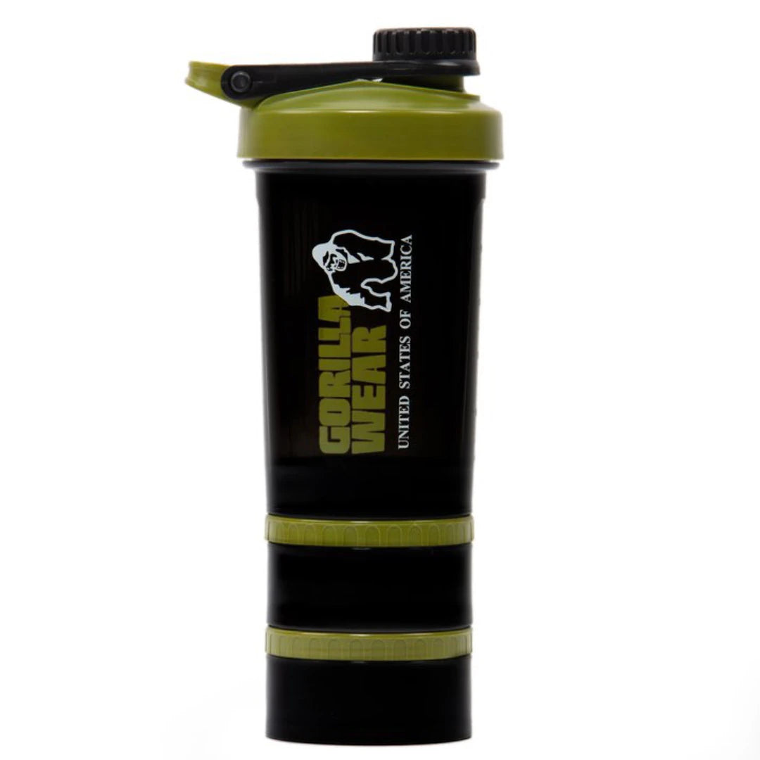 Gorilla Wear Shaker 2 Go 760 ml i svart och militärgrön plast med extra förvaringsfack., bild 1 av 1