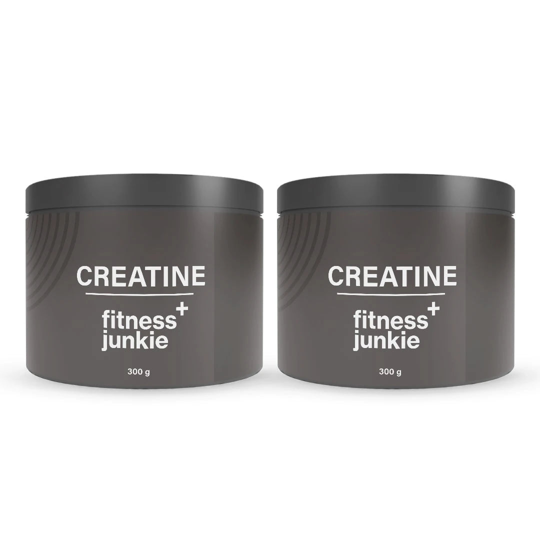 2 x fitnessjunkie Creatine 300 g Kreatin i två grå burkar med vit text för ökad styrka och uthållighet., bild 1 av 1