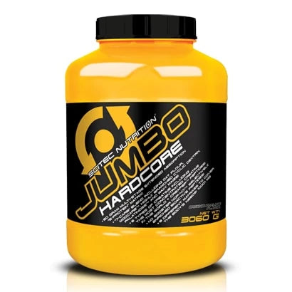 Scitec Nutrition Jumbo Hardcore 3060 g gainer i en gul plastburk med svart lock och etikett., bild 1 av 2