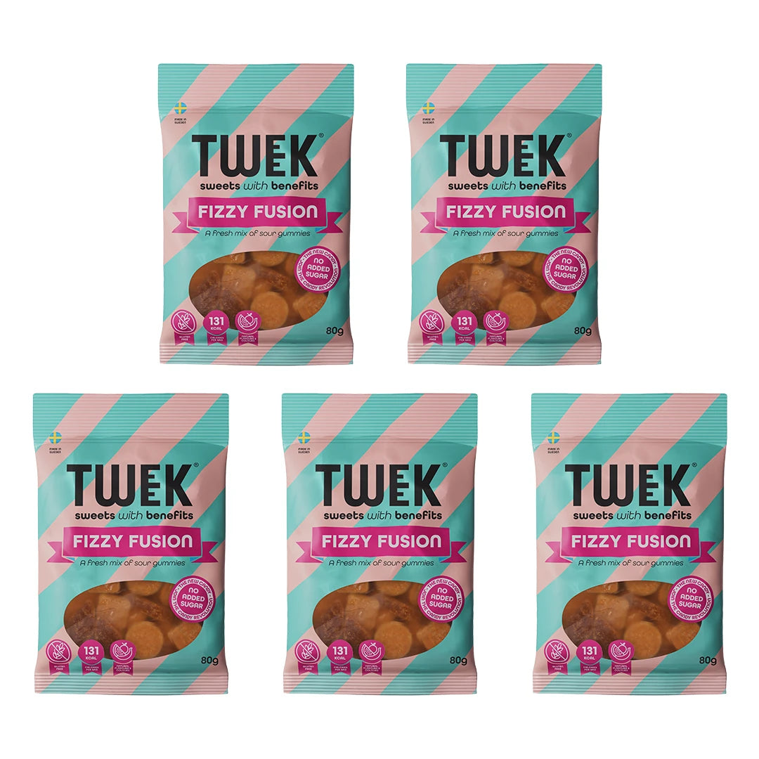 5 x Tweek Sweets 80 g Fizzy Fusion i fem ljusblå och rosa randiga påsar fyllda med surt godis., bild 1 av 1