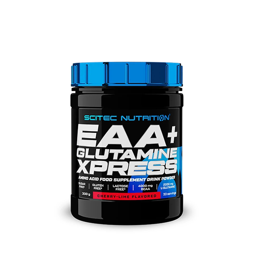 Scitec Nutrition EAA + Glutamine 300 g aminosyror i en svart burk med blått lock för smaken Cherry-Lime., bild 1 av 5
