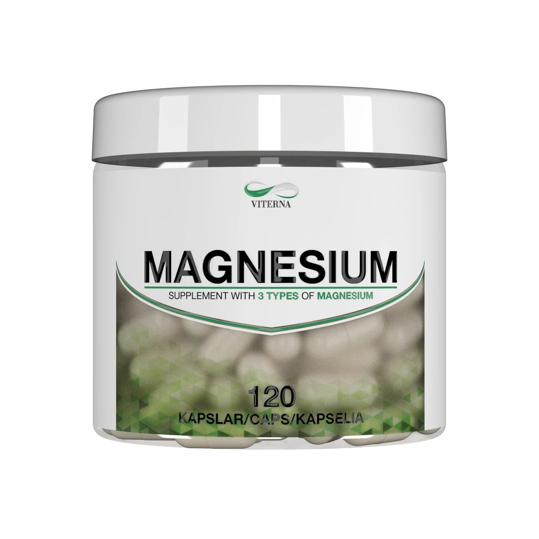 Viterna Magnesium 120 caps i en vit plastburk med stilrena gröna detaljer., bild 1 av 1