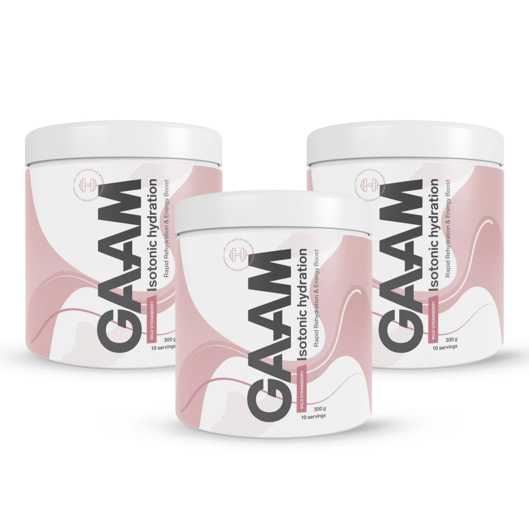 3 x GAAM Isotonic Hydration 300 g i tre vita burkar med rosa vågmönster och smaken Wild Strawberry., bild 1 av 1