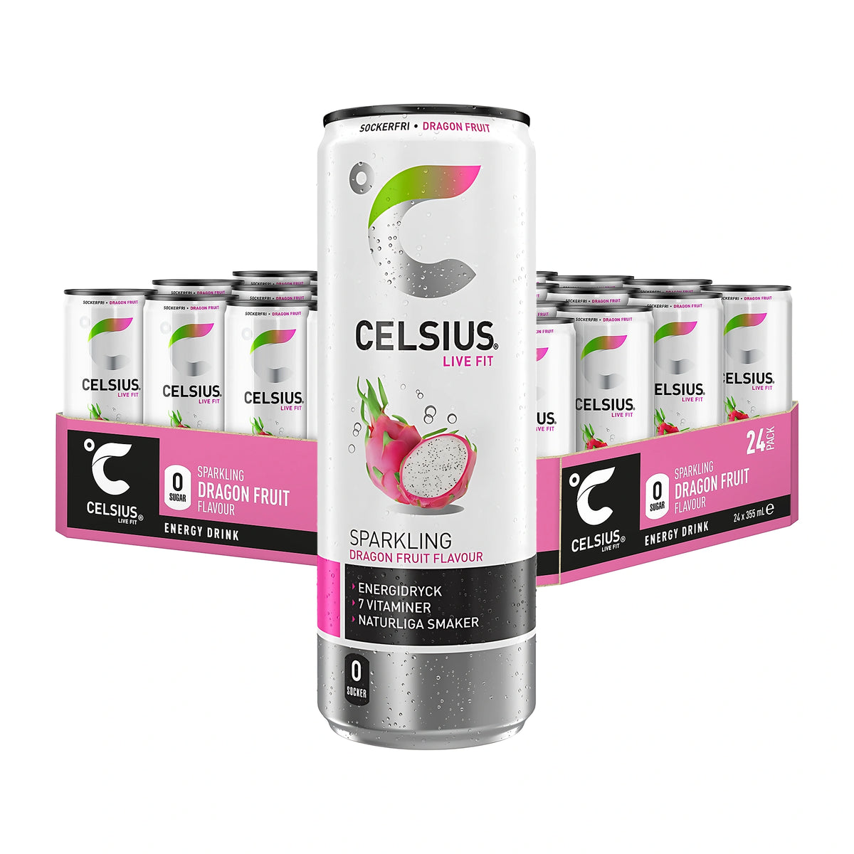 24 x Celsius 355 ml Dragon Fruit i ett rosa flak med vita energidrycksburkar och drakfruktsmotiv., bild 1 av 1
