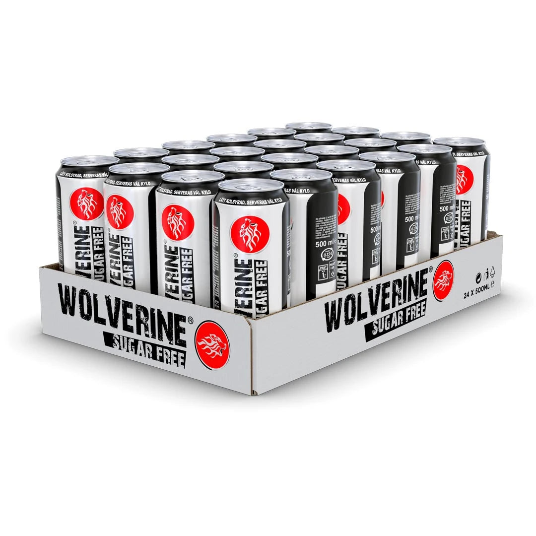 24 x Wolverine Energy Drink 500 ml Sugarfree presenterad i ett vitt flak med energidrycksburkar i silver och svart med röda lejonlogotyper., bild 1 av 1