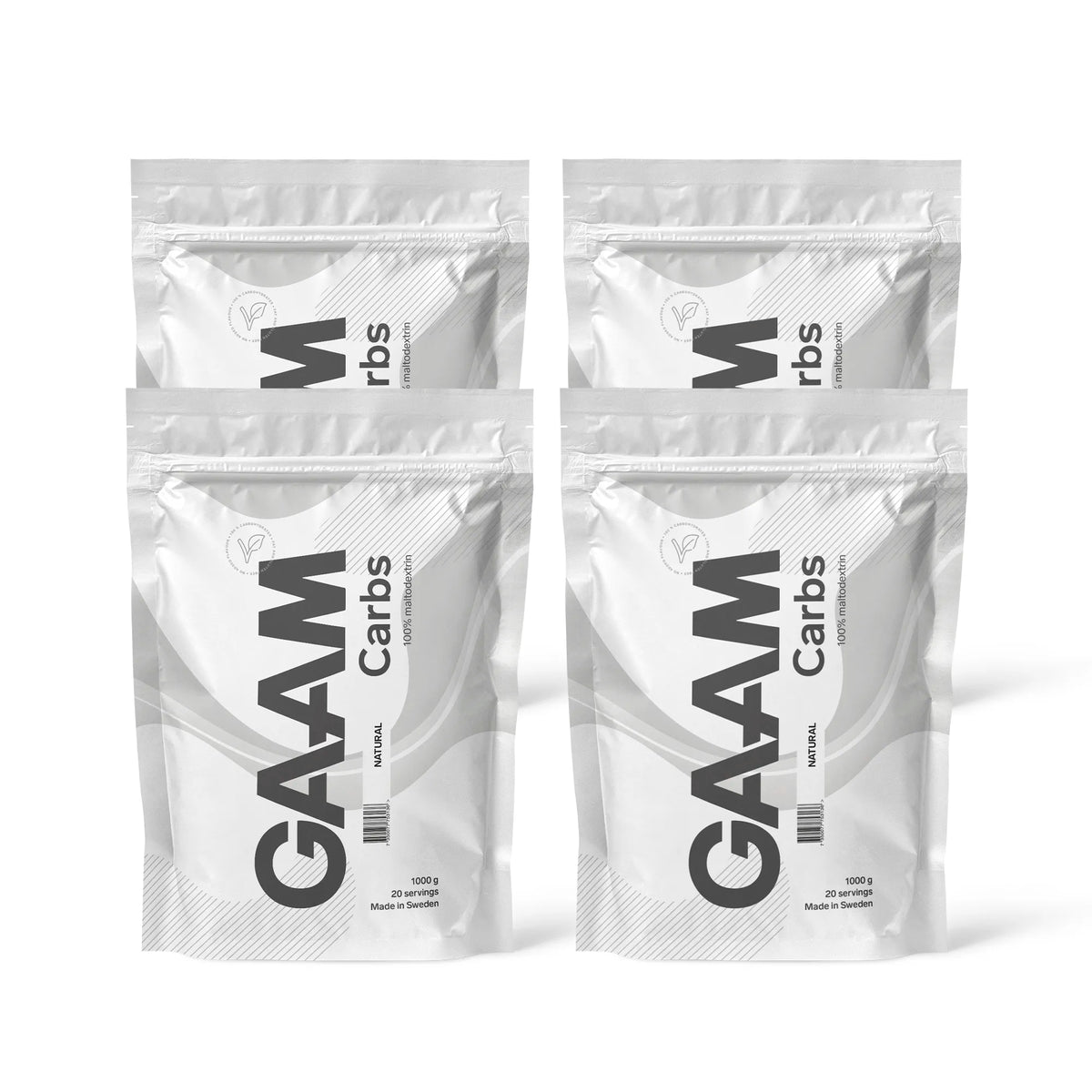 4 x GAAM Carbs - 100% Maltodextrin 1 kg i vita påsar med svarta detaljer för smaken Naturell., bild 1 av 1