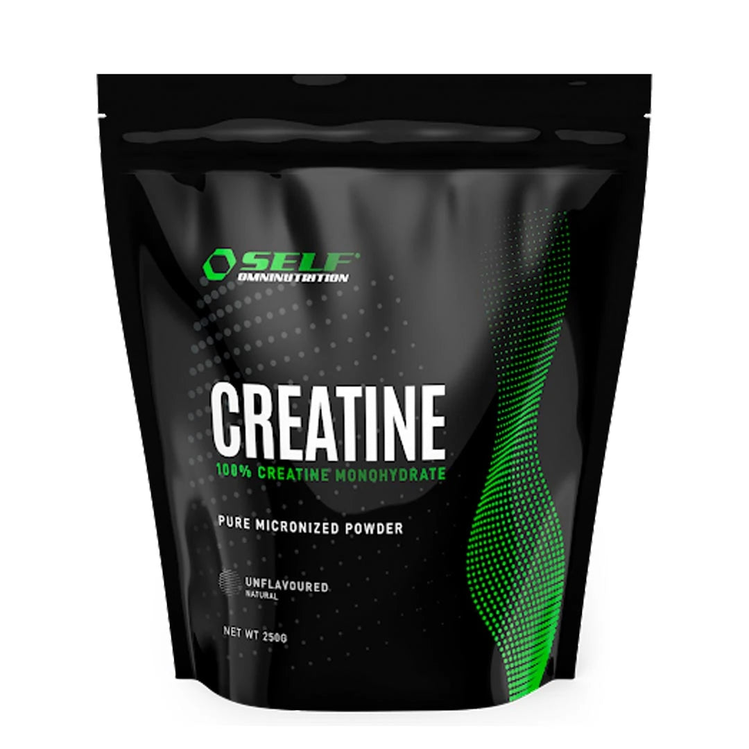 Self Omninutrition Creatine 250 g naturellt kreatinpulver i en svart påse med gröna grafiska detaljer., bild 1 av 1