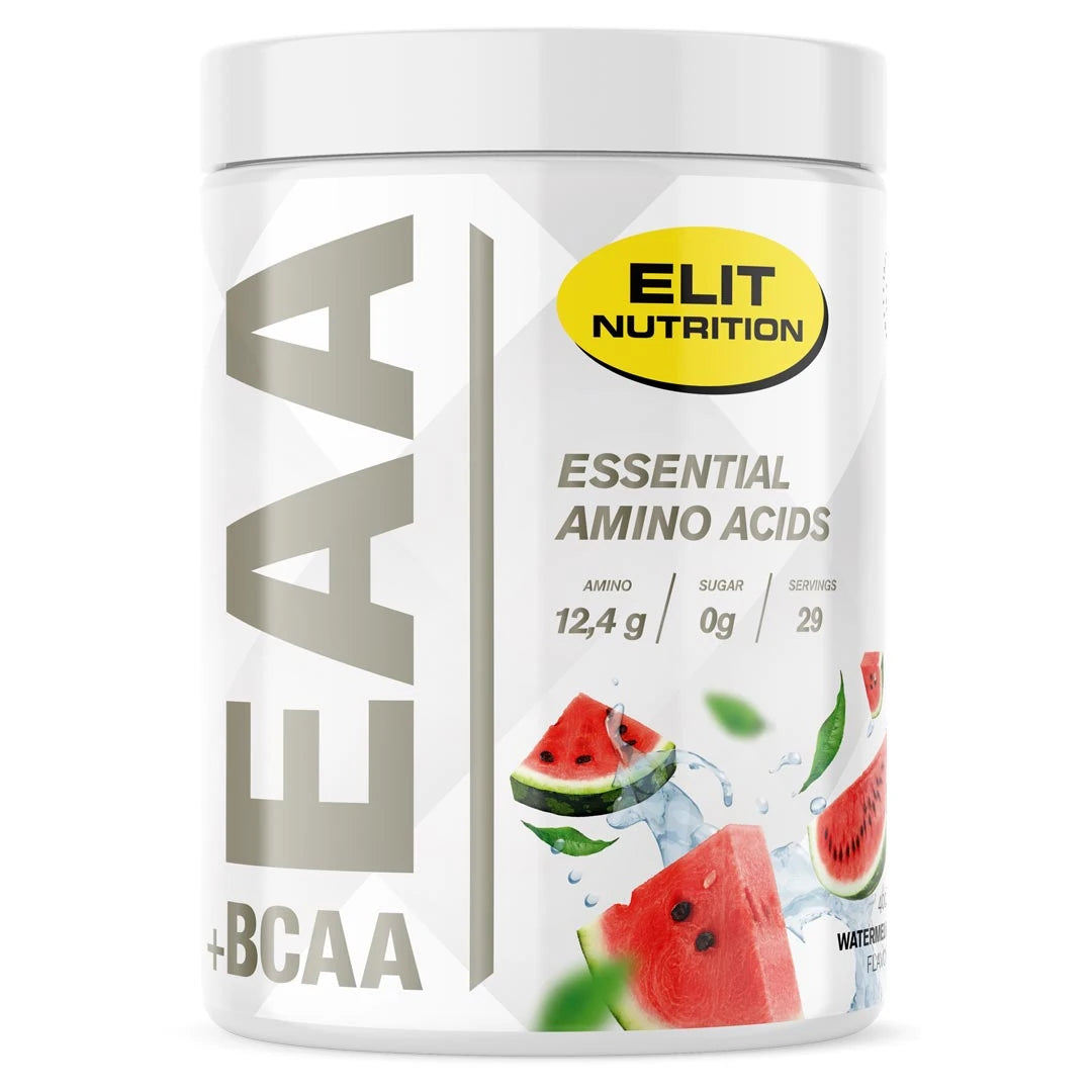 Elit Nutrition EAA + BCAA 400 g aminosyror i en vit burk med grå detaljer och motiv av vattenmelon för smaken Watermelon.