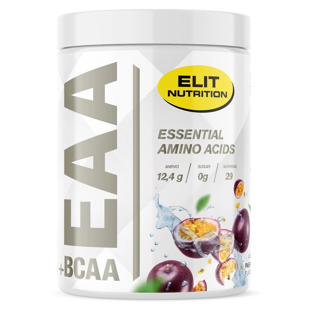 Elit Nutrition EAA + BCAA 400 g aminosyror i en vit burk med motiv av passionsfrukt för smaken Passion., bild 3 av 8