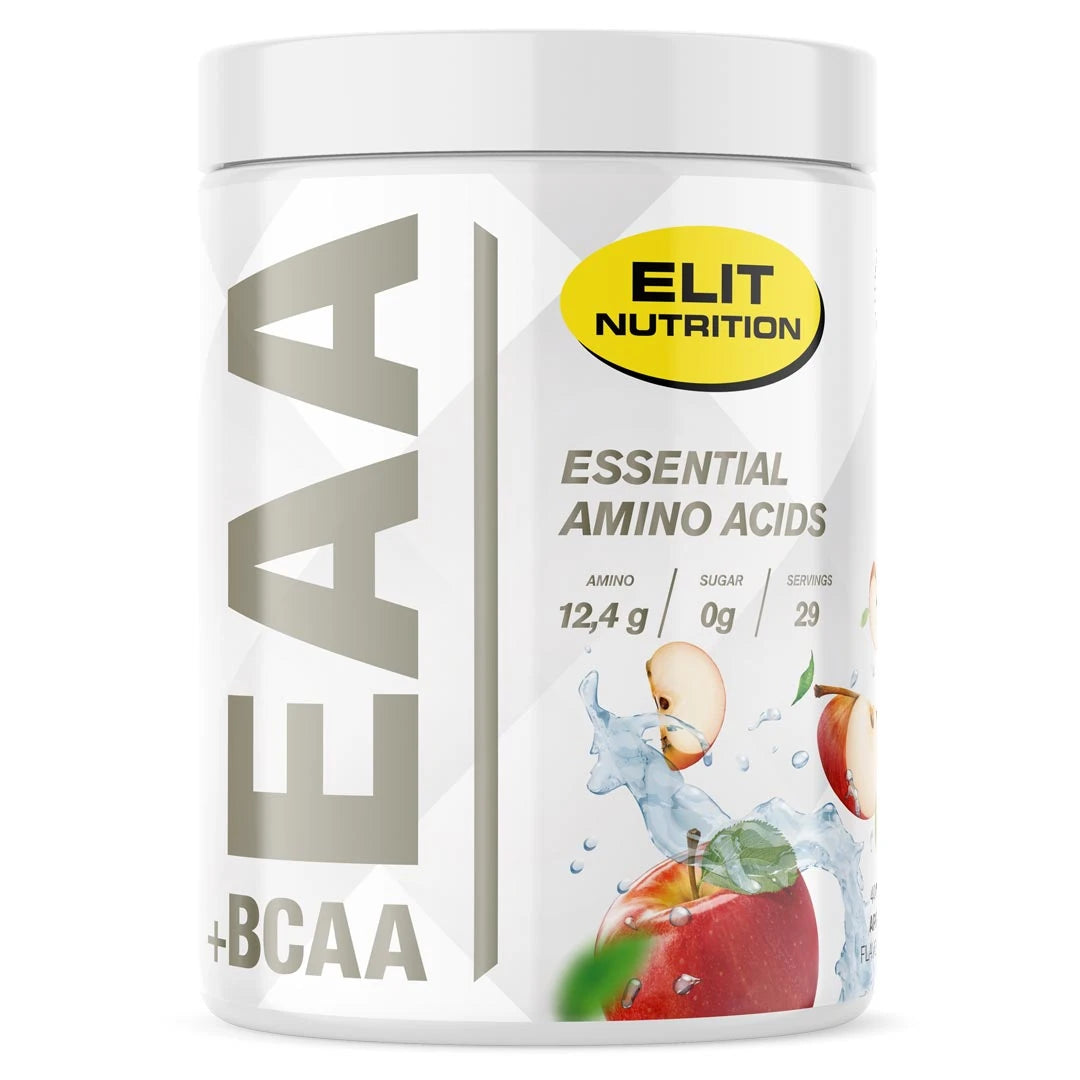 Elit Nutrition EAA + BCAA 400 g aminosyror i en vit burk med motiv av äpplen för smaken Apple., bild 4 av 8