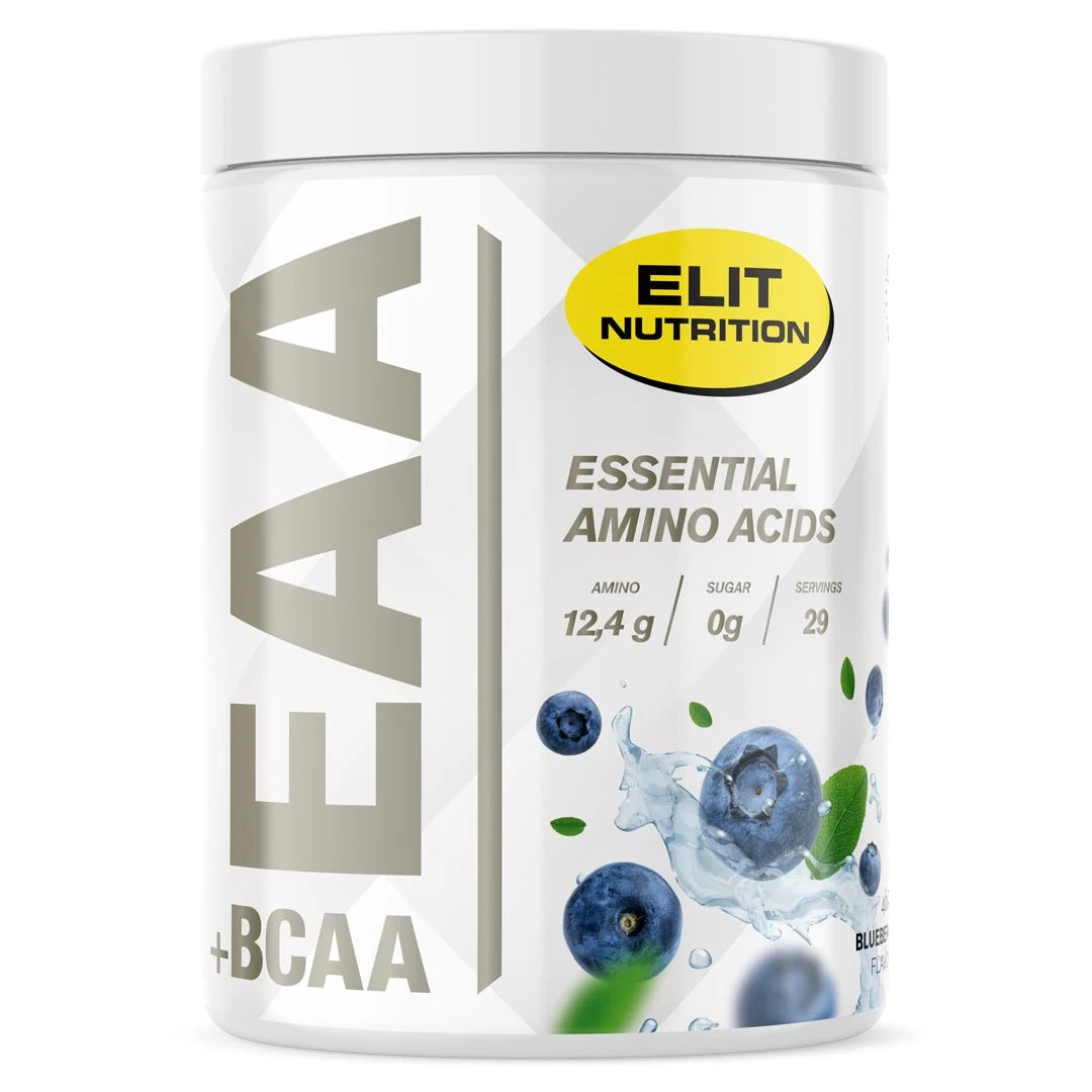 Elit Nutrition EAA + BCAA 400 g aminosyror i en vit burk med motiv av blåbär för smaken Blueberry., bild 5 av 8