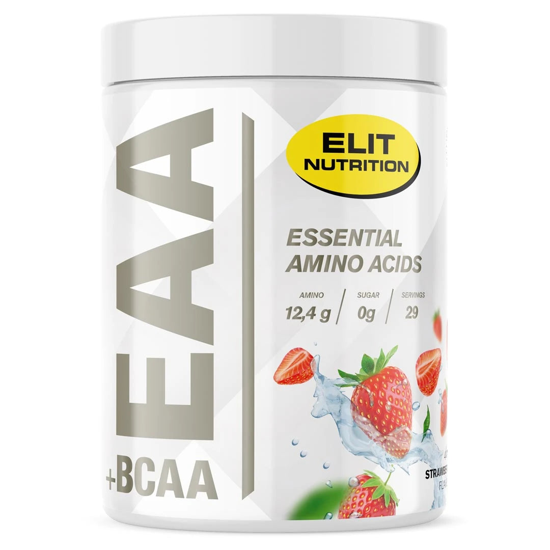 Elit Nutrition EAA + BCAA 400 g aminosyror i en vit burk med motiv av jordgubbar för smaken Strawberry., bild 6 av 8