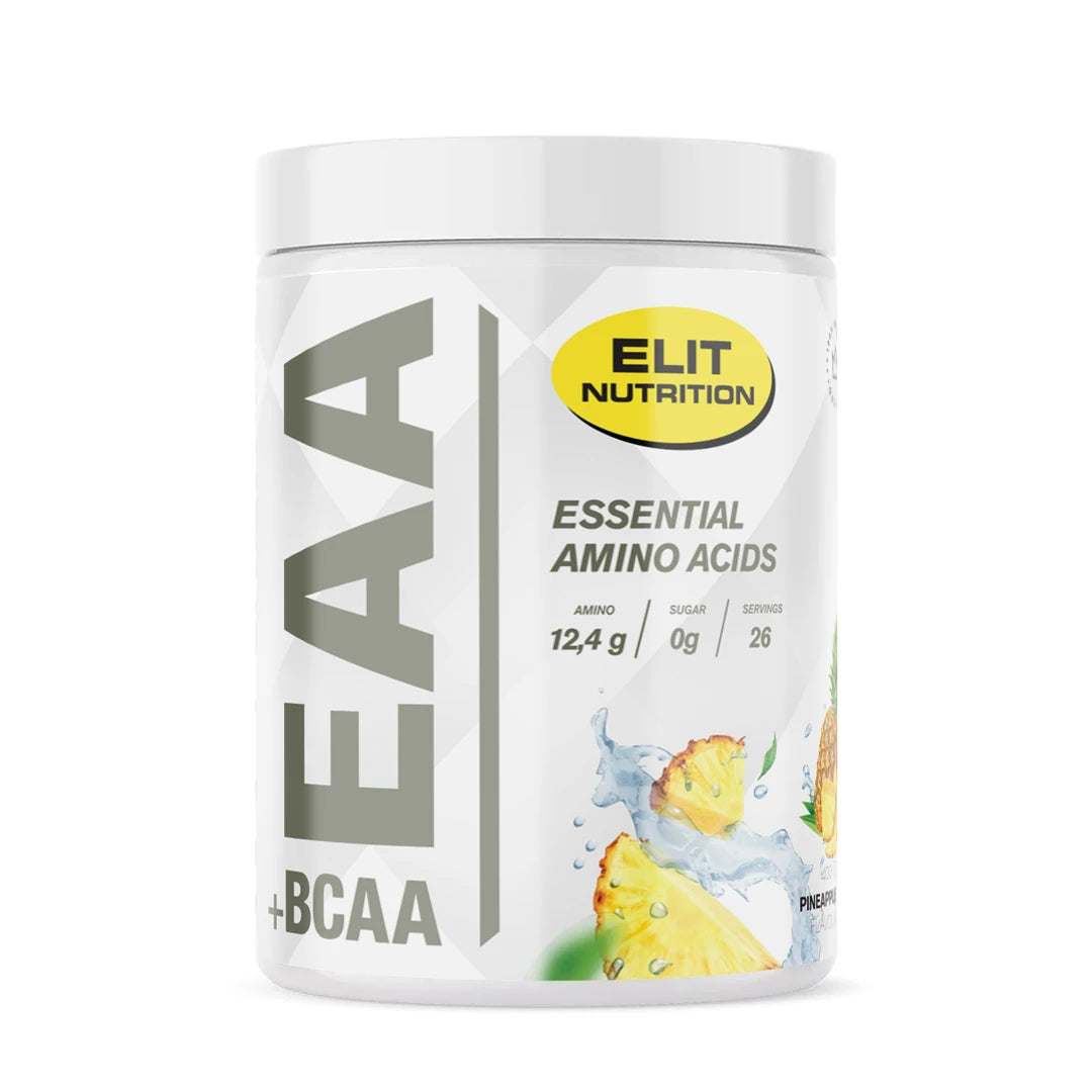Elit Nutrition EAA + BCAA 400 g aminosyror i en vit burk med motiv av ananas för smaken Pineapple., bild 7 av 8