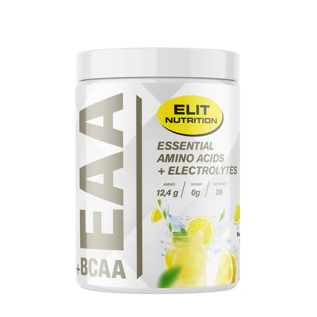 Elit Nutrition EAA + BCAA 400 g aminosyror i en vit burk med grå och gula detaljer för smaken Sour Lemon., bild 8 av 8