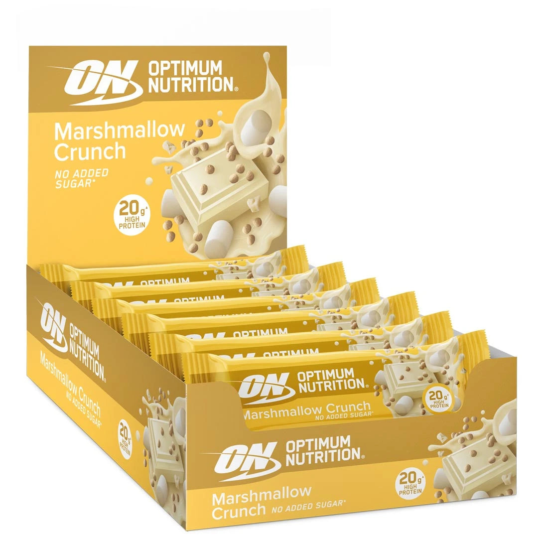 10 x Optimum Nutrition Protein Bar 65 g Marshmallow Crunch i en gul och vit displaybox med matchande bars., bild 1 av 1