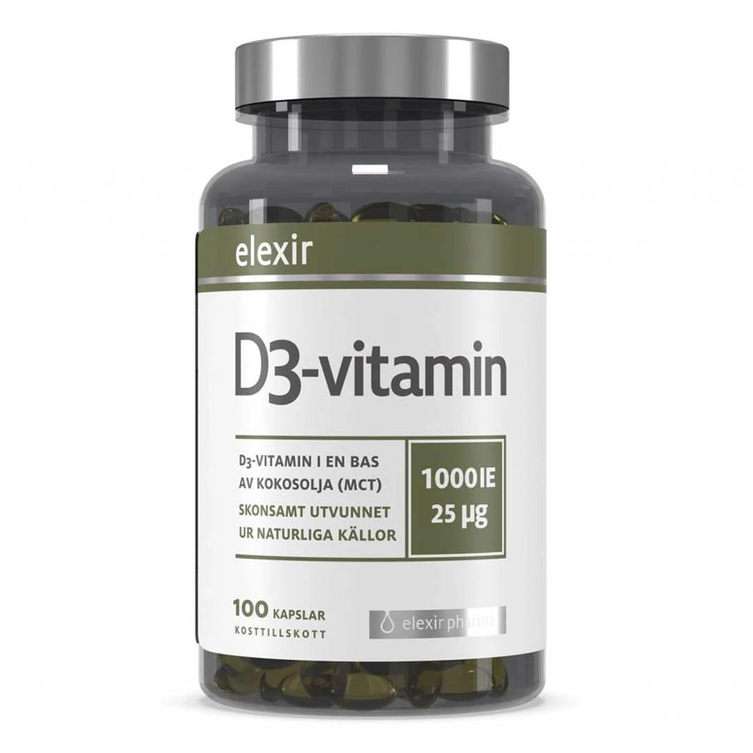 Elexir Pharma D3 Vitamin 1000IE 100 caps i en transparent burk med silverlock och vit etikett med gröna detaljer., bild 1 av 1