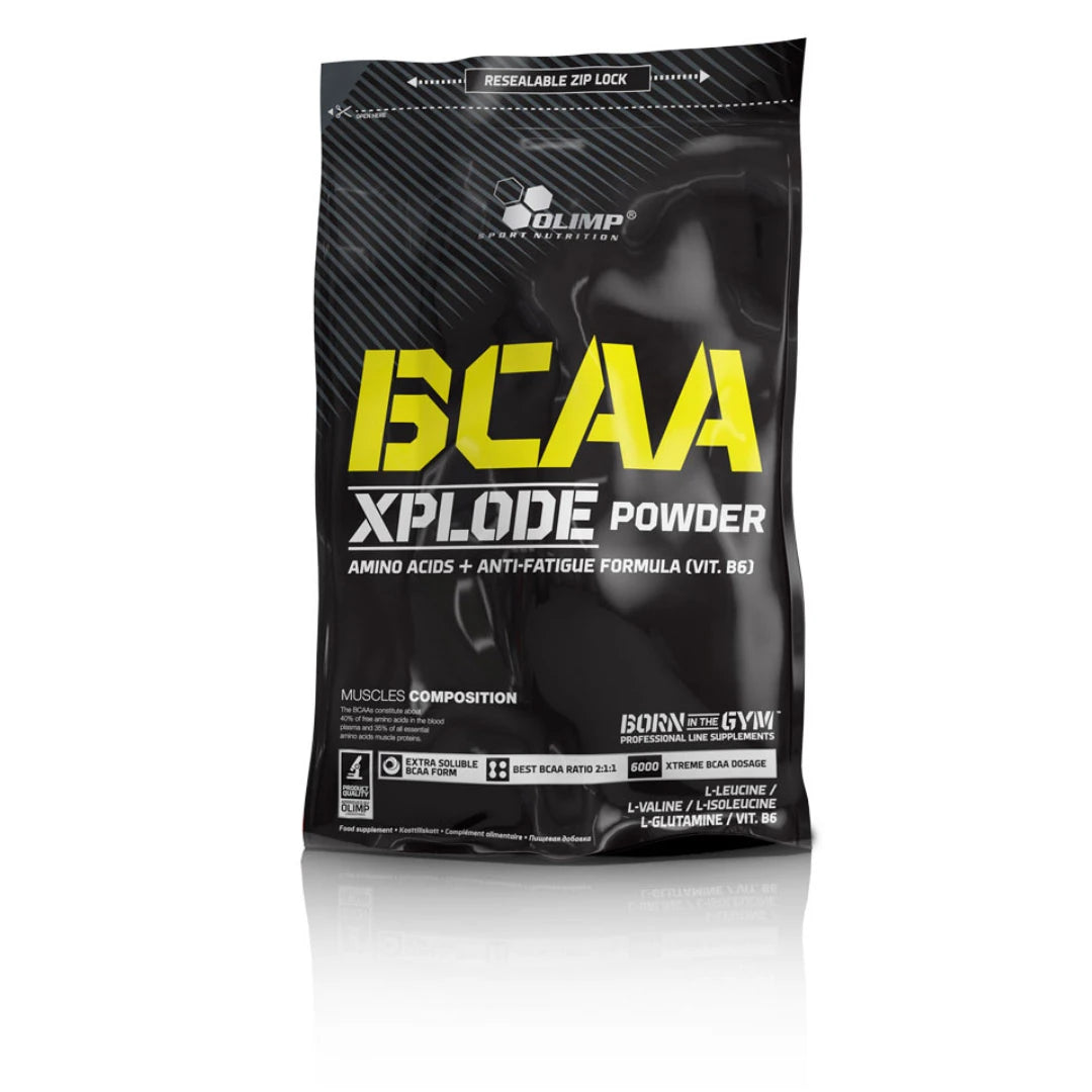 Olimp BCAA Xplode 1 kg aminosyrapulver i en svart påse med gula och vita textdetaljer., bild 1 av 3