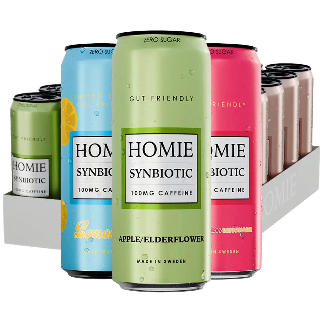24 x Homie Wake Up Synbiotic 330 ml Mixflak med funktionsdrycker i färgglada burkar samlade i en vit bricka., bild 1 av 1