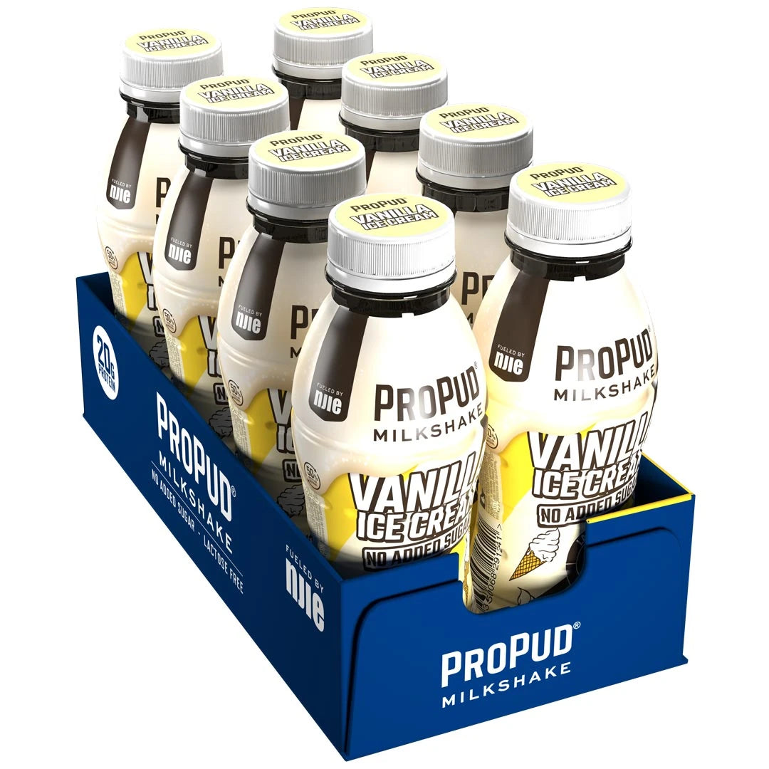8 x NJIE ProPud Protein Milkshake 330 ml Vanilla Ice Cream serverade i en blå låda med flaskor i gräddvit färg., bild 1 av 1