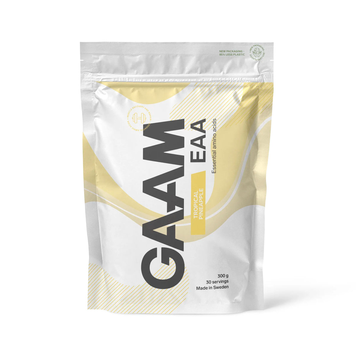 GAAM EAA 300 g aminosyror i en vit påse med gula detaljer för smaken Tropical Pineapple., bild 2 av 7