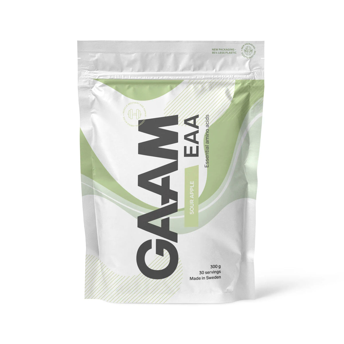 GAAM EAA 300 g aminosyror i en vit och ljusgrön påse för smaken Sour Apple., bild 4 av 7