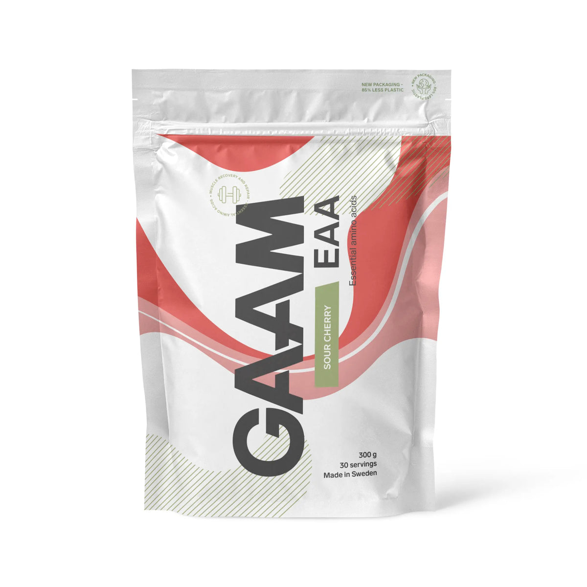 GAAM EAA 300 g aminosyror i en vit påse med röda detaljer för smaken Sour Cherry., bild 5 av 7