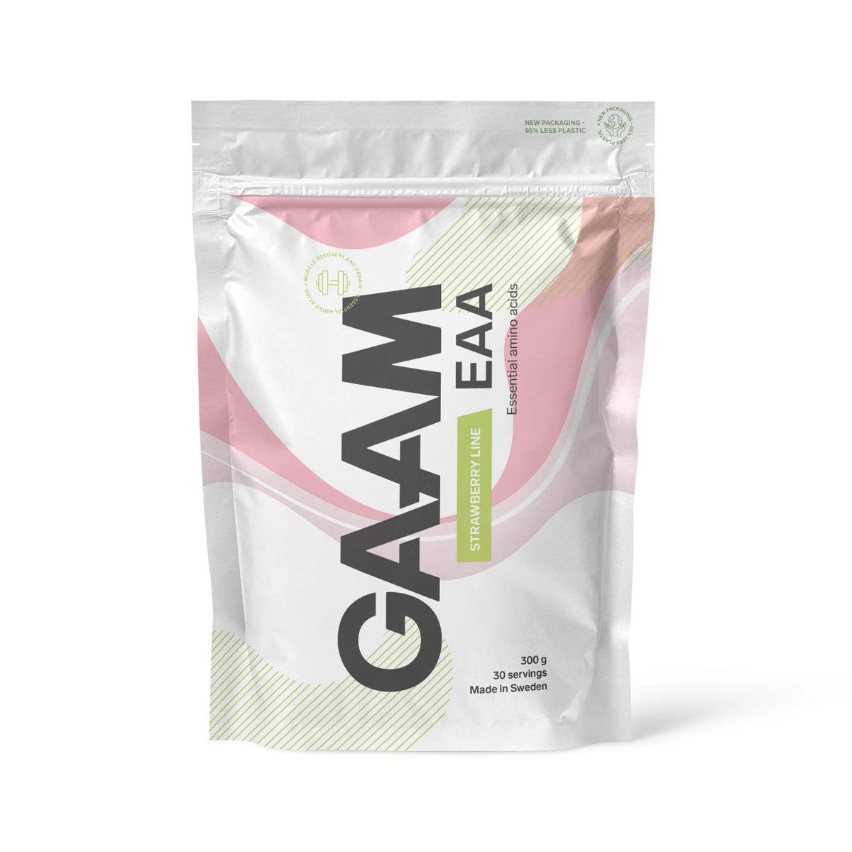GAAM EAA 300 g aminosyror i en vit påse med rosa och gröna detaljer för smaken Strawberry Lime., bild 6 av 7