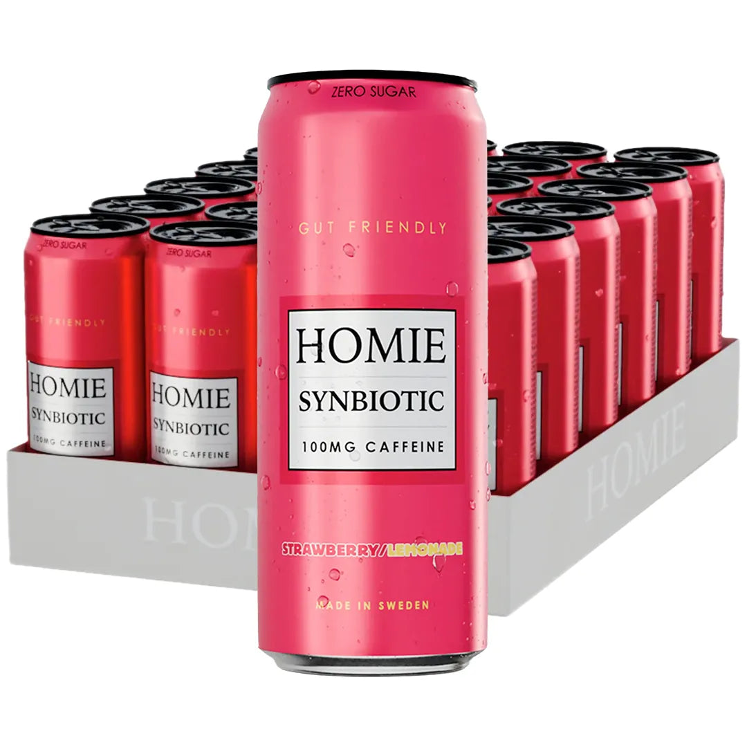 24 x Homie Wake Up Synbiotic 330 ml Strawberry Lemonade i ett ljust flak fyllt med rosa burkar., bild 1 av 1
