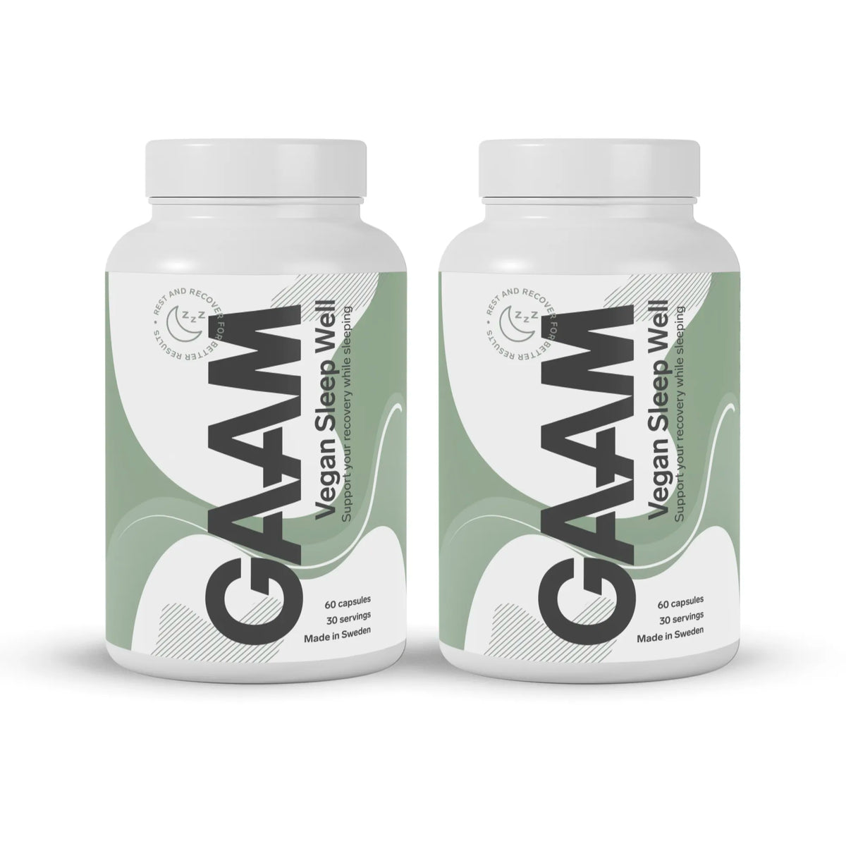 GAAM Vegan Sleep Well 120 caps för återhämtning i två vita burkar med gröna detaljer., bild 1 av 1