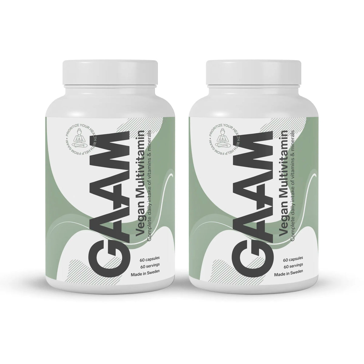 2 x GAAM Vegan Multivitamin 60 caps i två vita burkar med grön och vit etikett.