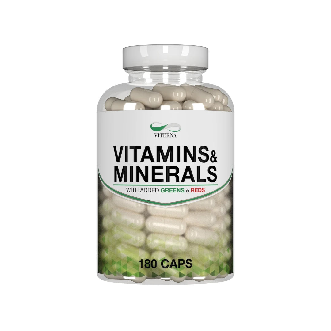 Viterna Vitamins &amp; Minerals 180 caps i en genomskinlig burk med vit etikett och gröna detaljer, fylld med ljusa kapslar., bild 1 av 1