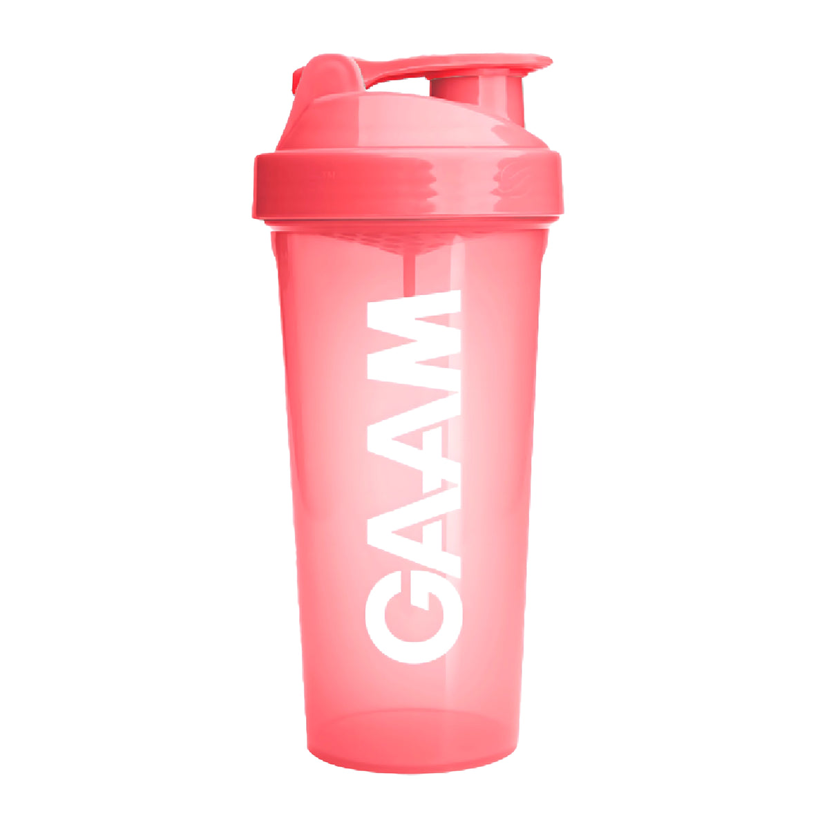GAAM Shaker 800 ml i transparent korallrosa färg med vit logotyp och matchande lock., bild 2 av 5