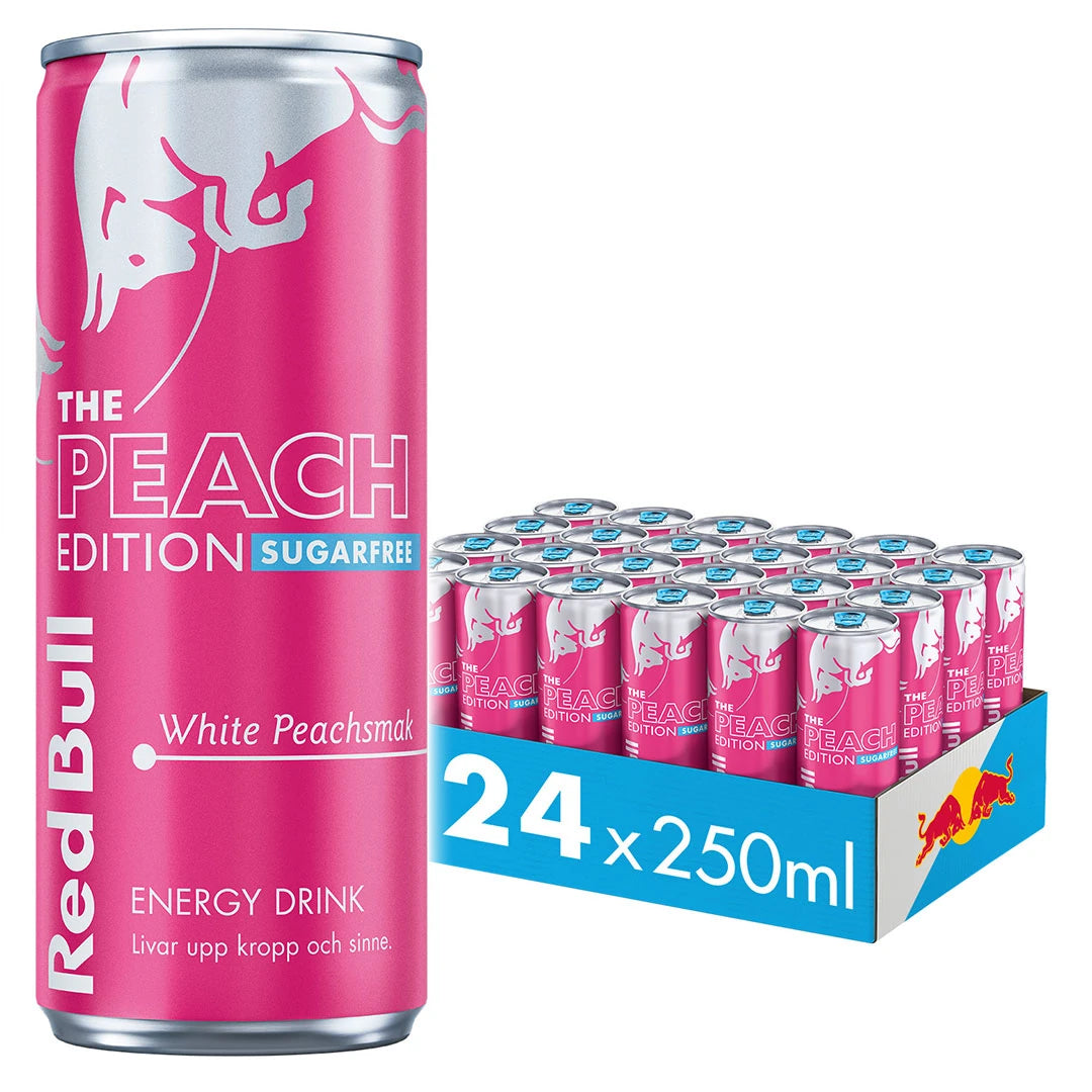 24 x Red Bull Energidryck 250 ml Peach Edition Sugarfree - White Peach i ett blått flak med matchande rosa burkar., bild 1 av 1