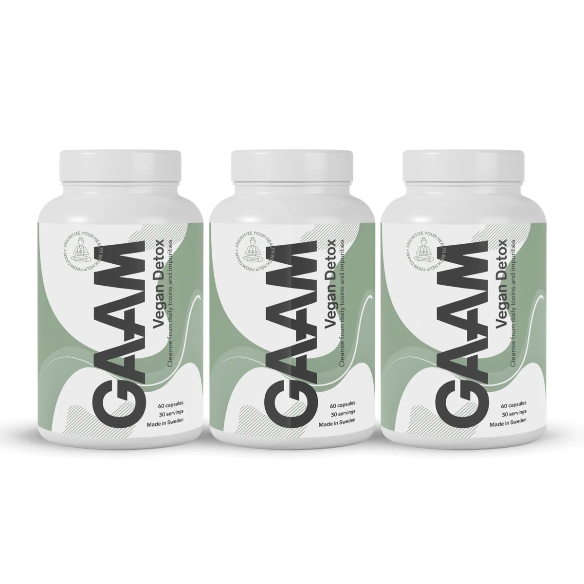 3 x GAAM Vegan Detox 60 caps i tre vita burkar med gröna och svarta detaljer., bild 1 av 1