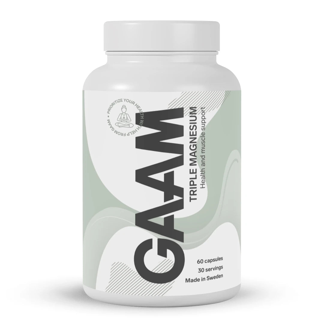GAAM Triple Magnesium 60 caps, magnesiumtillskott förpackat i en vit burk med ljusgröna detaljer., bild 1 av 1