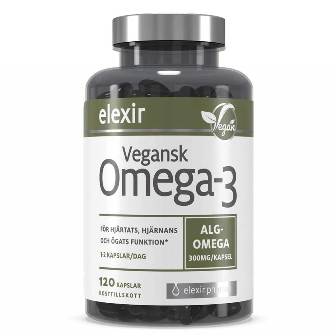 Elexir Pharma Vegan Omega-3 120 caps kosttillskott i en mörk burk med silverlock och grönvit etikett., bild 1 av 1