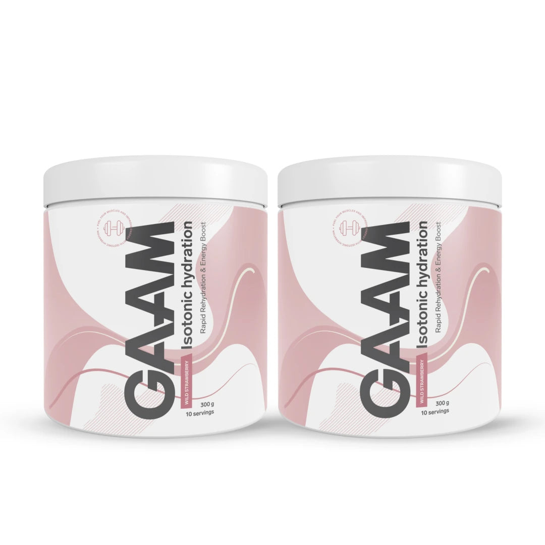 2 x GAAM Isotonic Hydration 300 g i två vita burkar med rosa detaljer för smaken Wild Strawberry., bild 1 av 1