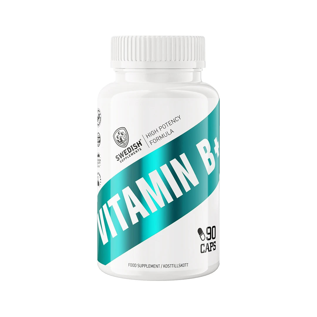 Swedish Supplements Vitamin B+ 90 caps kosttillskott i en vit burk med turkosa detaljer., bild 1 av 1